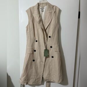 Sleeveless Double-Breasted Cream Pinstripe Long Vest